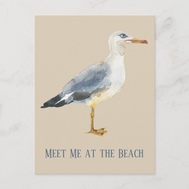 Watercolor Beach Seagull Personalized Vykort (Framsida)