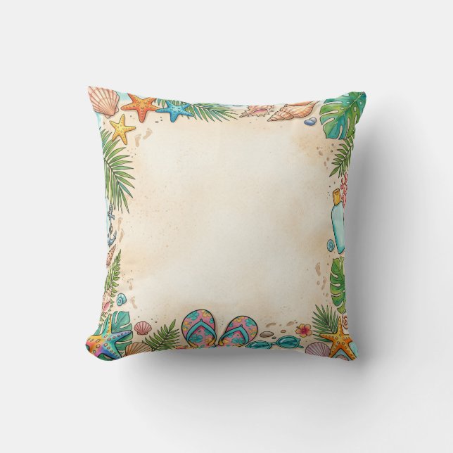 Watercolor Beach Seashells Sand Border Pillow Kudde (Framsida)