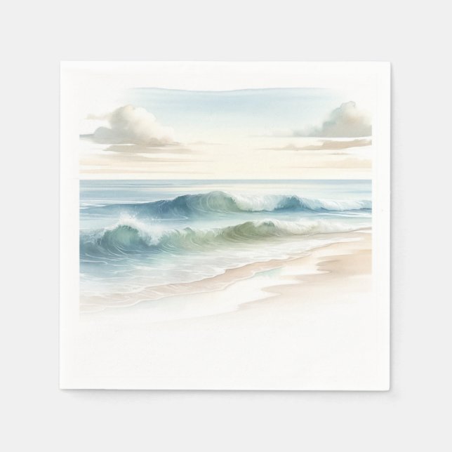 Watercolor Beach Vågar Rustic Coastal Bröllop Pappersservett (Framsidan)