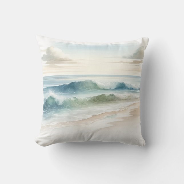 Watercolor Beach Vågar Rustic Coastal Kudde (Framsida)