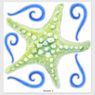 Watercolor Beach Wave Swirls Grönt Starfish Art Klistermärken