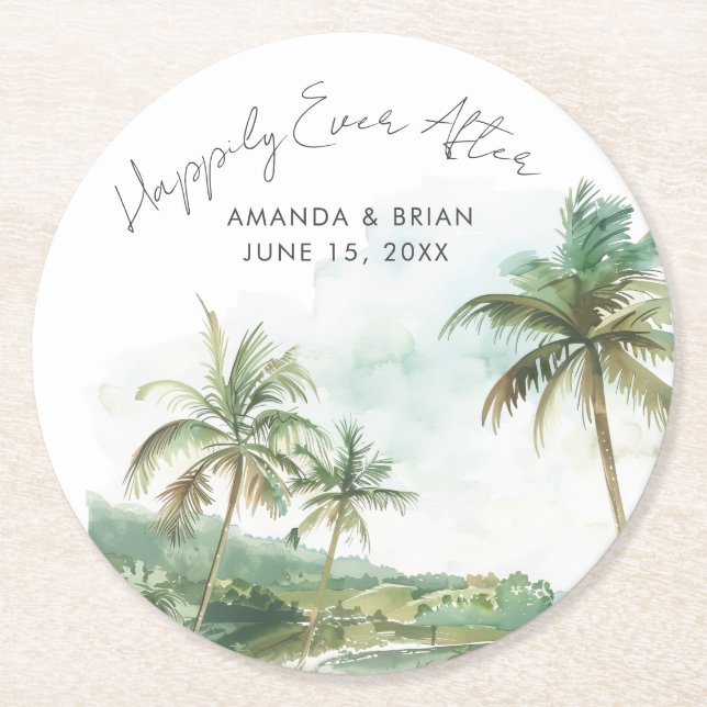 Watercolor Beach Wedding Happily Ever After Underlägg Papper Rund (Framsidan)