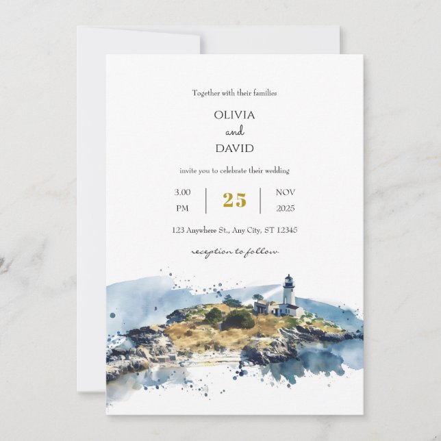 Watercolor Beach Wedding Nautical Blue Lighthouse Inbjudningar (Framsida)