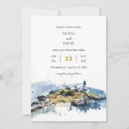 Watercolor Beach Wedding Nautical Blue Lighthouse Inbjudningar