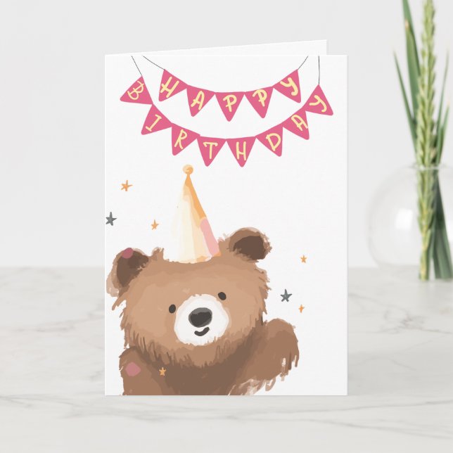 Watercolor Bear Birthday Greeting Kort (Framsida)