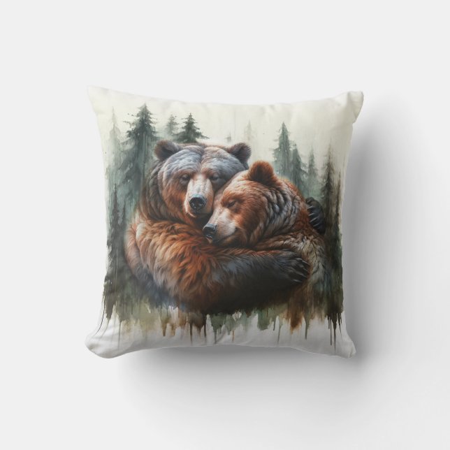 Watercolor Bears & Träd Rustic Wilderness Kudde (Framsida)