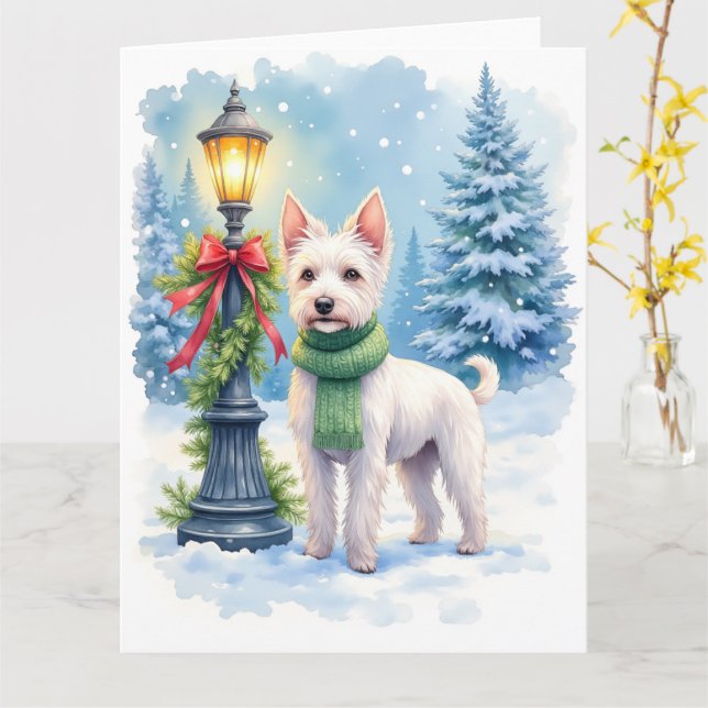 Watercolor Bedlington Terrier Lamppost Christmas Kort (Gul blomma)