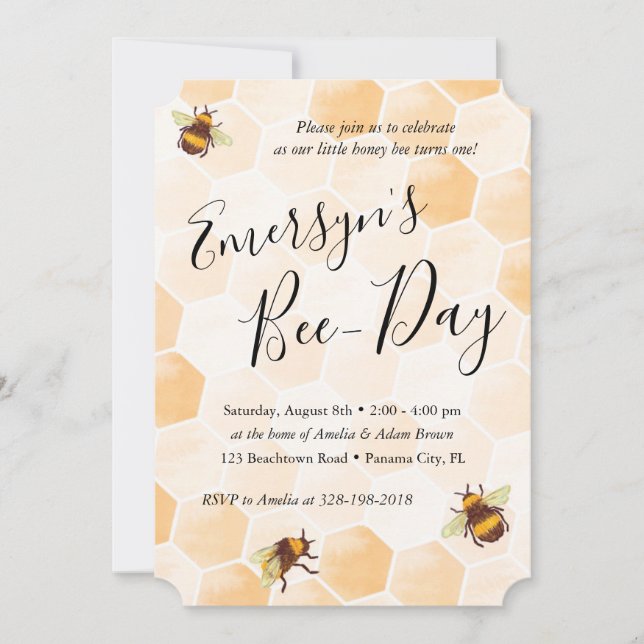 Watercolor Bee Birthday Inbjudningar (Framsida)
