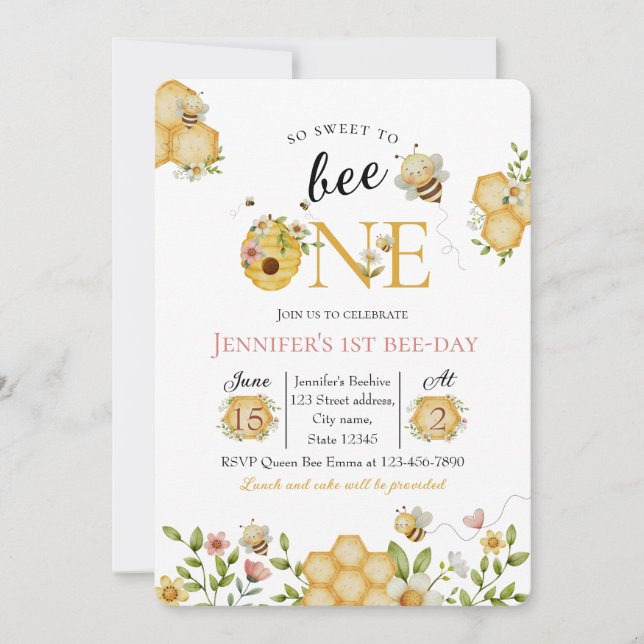 Watercolor Bee First Birthday Invitation Inbjudningar (Framsida)