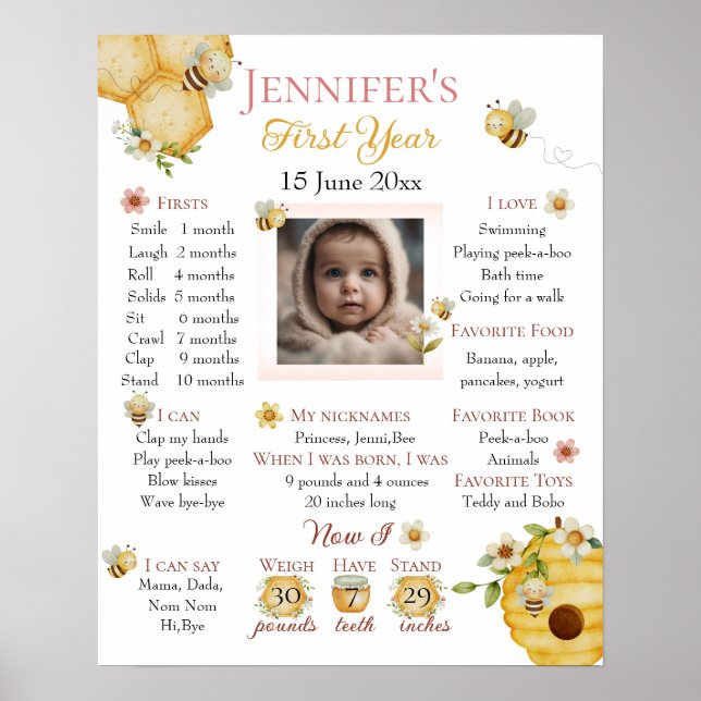 Watercolor Bee First Birthday Milestone Poster (Framsidan)