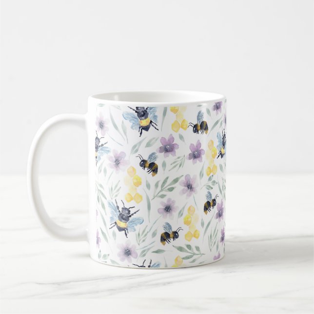 Watercolor Bee Mönster Kaffemugg (Vänster)