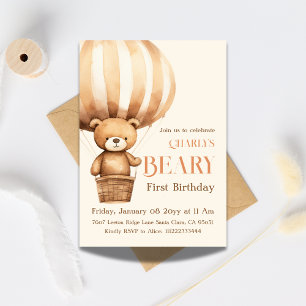 Watercolor Beige Beary Första födelsedag Inbjudningar