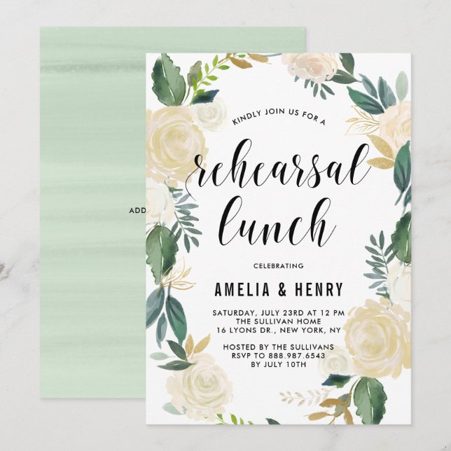 Watercolor Beige Peonies Wandehearsal Lunch Inbjudningar (Fram/baksida)