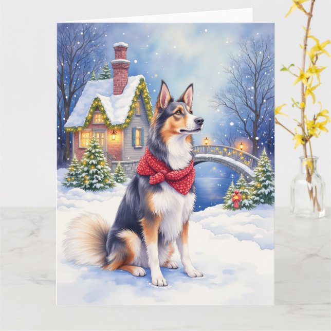 Watercolor Belgian Sheepdog Winter Christmas Kort (Gul blomma)
