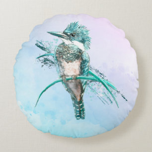 Watercolor Belted Kingfisher Bird Wildlife Art Rund Kudde