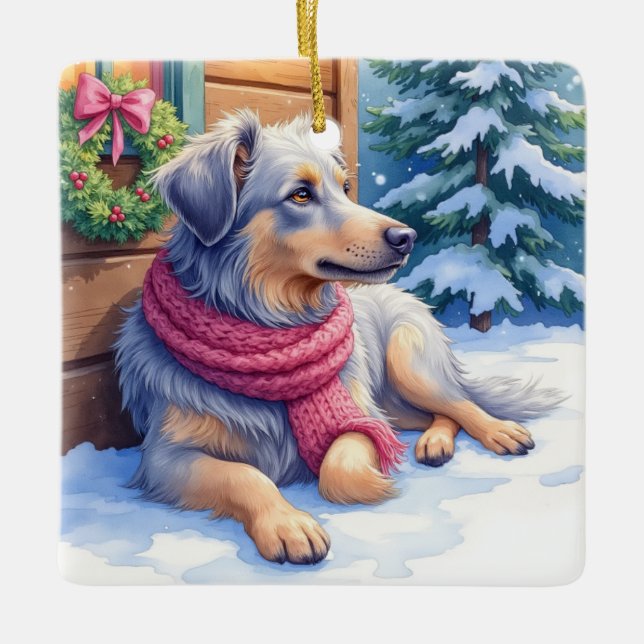 Watercolor Bergamasco Shepherd Cabin Christmas Julgransprydnad Keramik (Framsida)