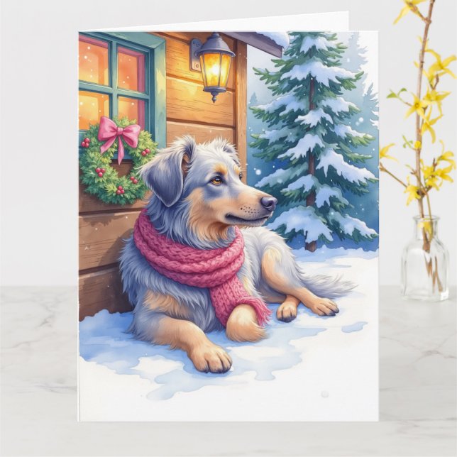 Watercolor Bergamasco Shepherd Cabin Christmas Kort (Gul blomma)