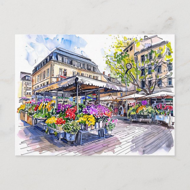Watercolor Berlin Market Summer Flowers Vykort (Framsida)