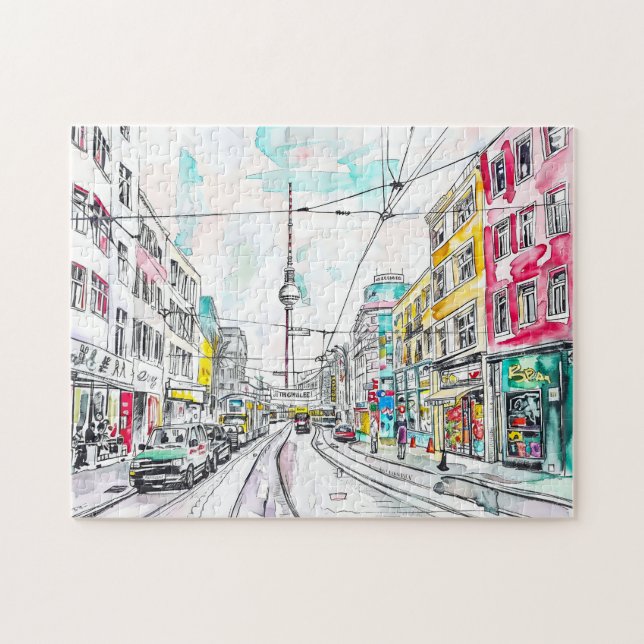 Watercolor Berlin Mitte och TV Torn Pussel (Horisontell)
