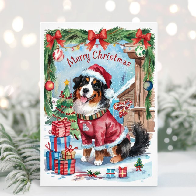 Watercolor Bernese Mountain Hund julkort (Bernese Mountain Dog Christmas Card)