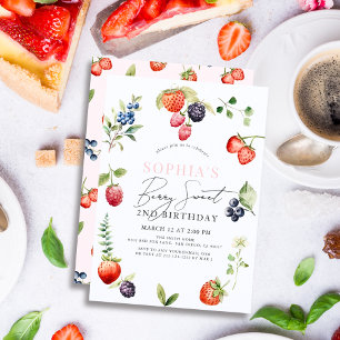 Watercolor Berries Berry First Girl Birthday Inbjudningar