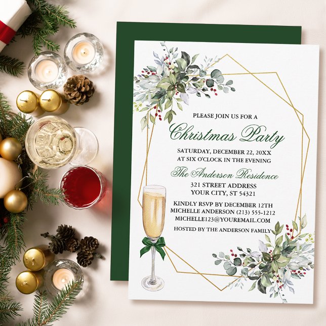 Watercolor Berries Greenery jul Party Glass Inbjudningar (Customize to change text color, size, style or to change color of back of card.)