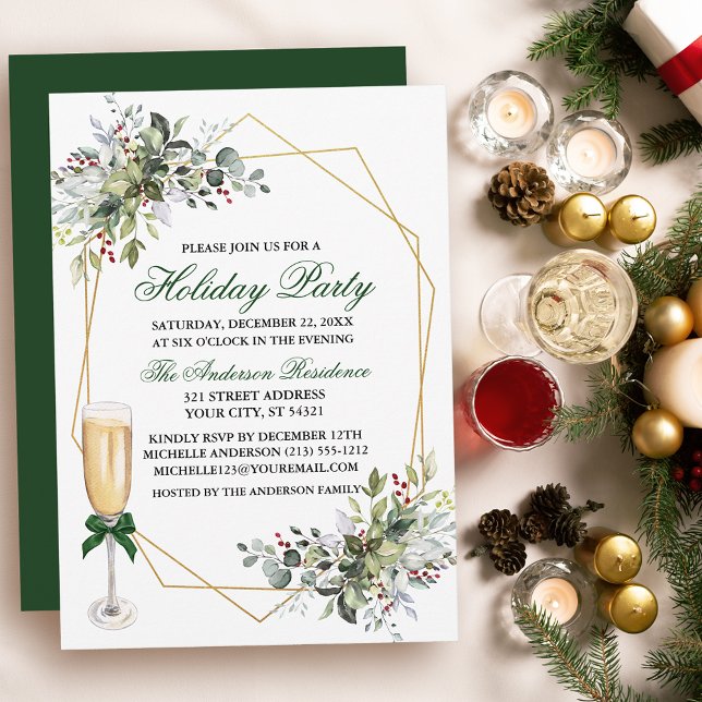 Watercolor Berries Greenery Julfest Glass Inbjudningar (Customize to change text color, size, style or to change color of back of card.)