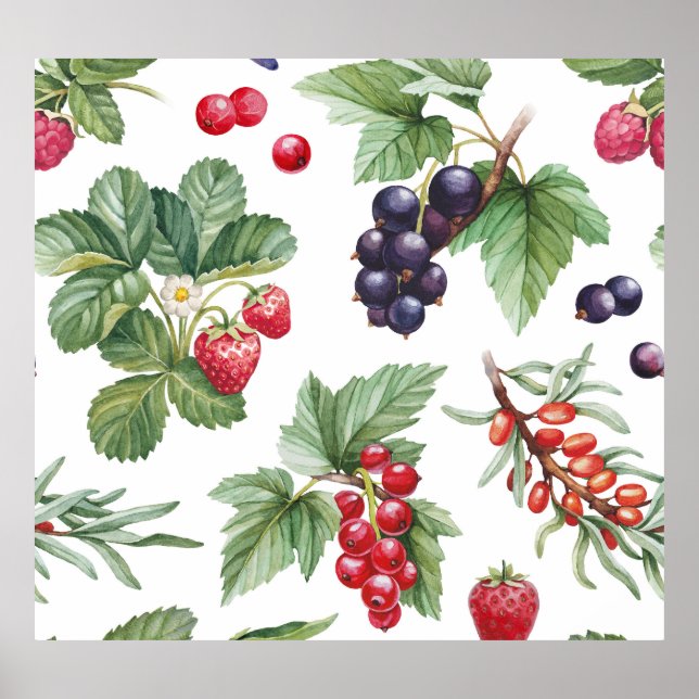 Watercolor Berries Illustration Seamless Mönster Poster (Framsidan)