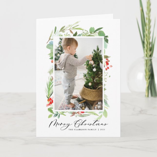 Watercolor Berries och Greenery God jul Helgkort (Framsida)