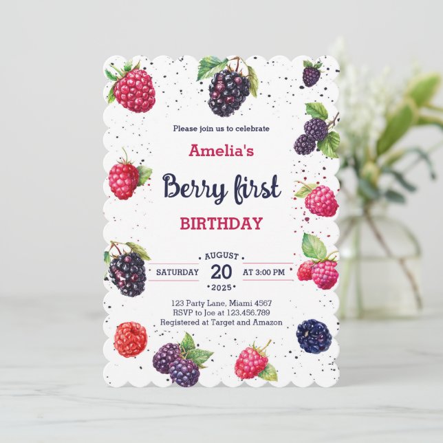 Watercolor Berry Blackberry Raspberry Birthday Inbjudningar (Stående Fram)