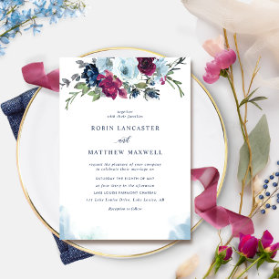 Watercolor Berry Blue Burgundy Blommigt Bröllop In Inbjudningar