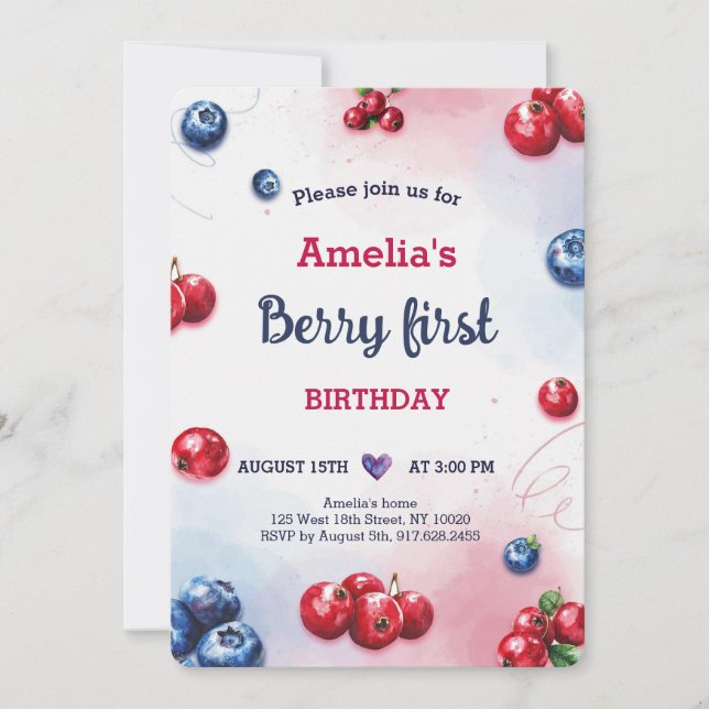 Watercolor Berry Blueberry Raspberry Birthday Inbjudningar (Framsida)