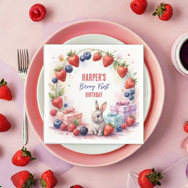 Watercolor Berry First Birthday Bunny och presente Pappersservett (Skapare uppladdad)