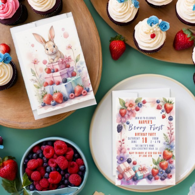 Watercolor Berry First Birthday med Bunny Inbjudningar (Skapare uppladdad)