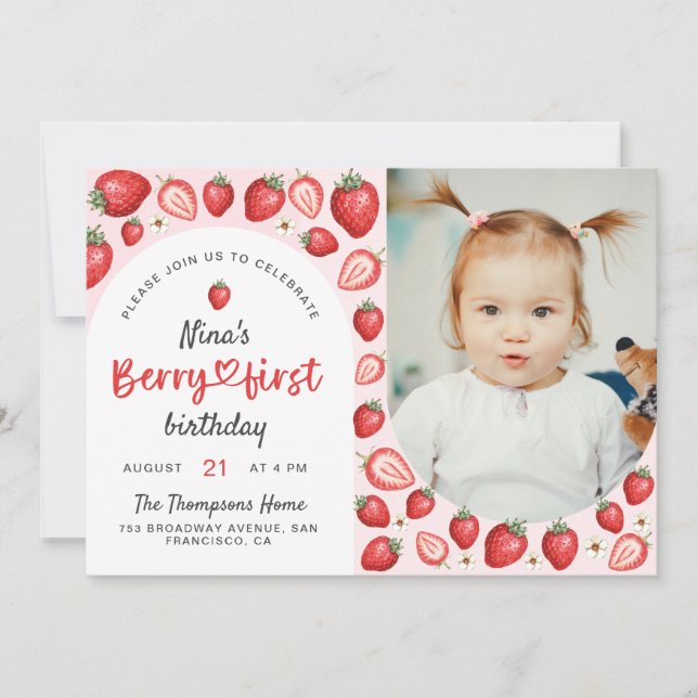 Watercolor Berry First Sweet Birthday Photo Inbjudningar (Framsida)