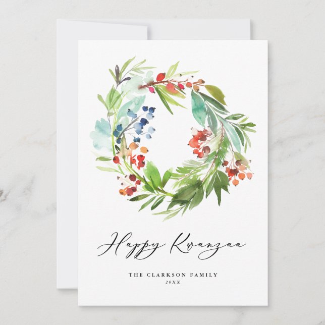 Watercolor Berry och Greenery Wandey Lycklig Kwanz Julkort (Framsida)