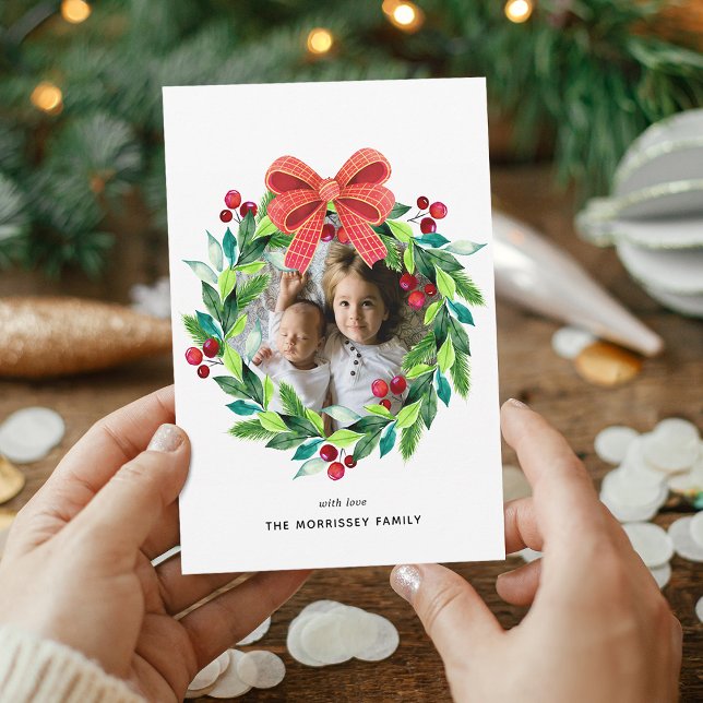 Watercolor Berry och Holly Wandeand Julkort (Watercolor Berry and Holly Wreath Holiday Card)