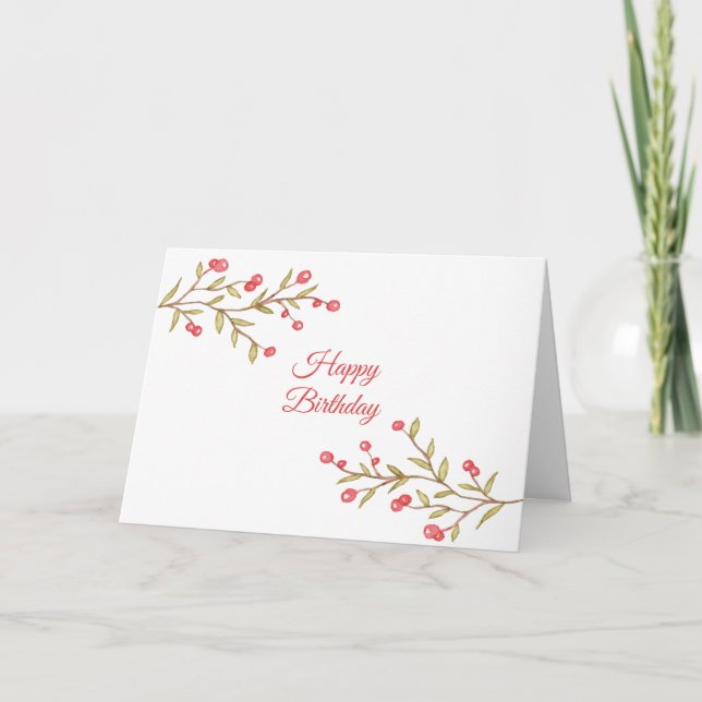 Watercolor Berry Stems Birthday Kort (Framsida)