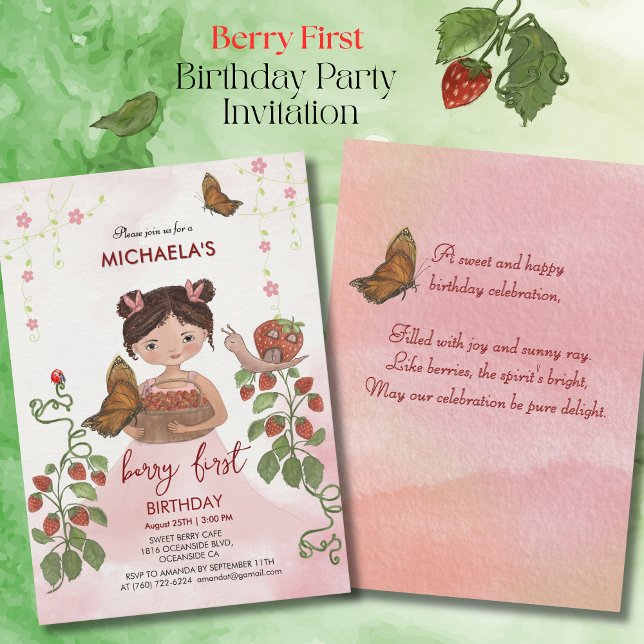 Watercolor 'Berry Sweet' Girl First Birthday Inbjudningar (Watercolor 'Berry Sweet' Girl First Birthday Invitation)