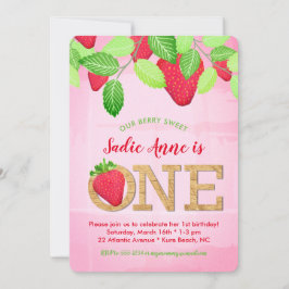 Watercolor Berry Sweet Strawberry 1:a födelsedag Inbjudningar