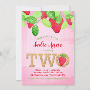 Watercolor Berry Sweet Strawberry 2:a födelsedagen Inbjudningar