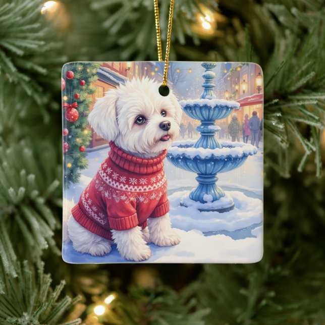 Watercolor Bichon Frise Festive Fountain Christmas Julgransprydnad Keramik (Träd)