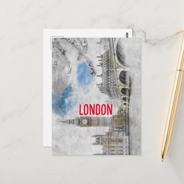 Watercolor Big Ben London United Kingdom Postcard Vykort (Fram/Back In Situ)