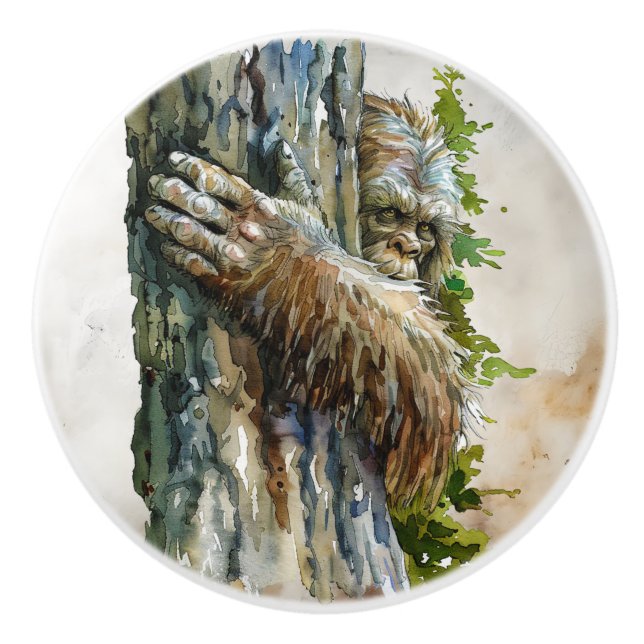 Watercolor Bigfoot Hiding Forest Ceramic Pull Knopp (Framsidan)
