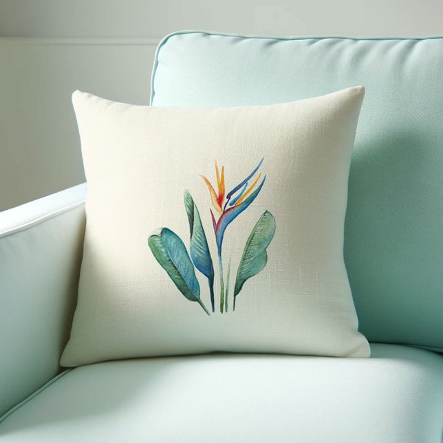 Watercolor Bird of Paradise Kudde (Tropical decor bird of paradise pillow watercolor art by Victoria Grigaliunas Do Tell A Belle)
