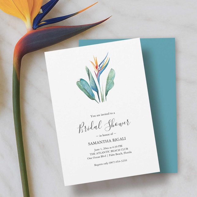 Watercolor Bird of Paradise Möhippa (Bridal shower luncheon invitations tropical bird of paradise art Victoria Grigaliunas DoTellABelle)