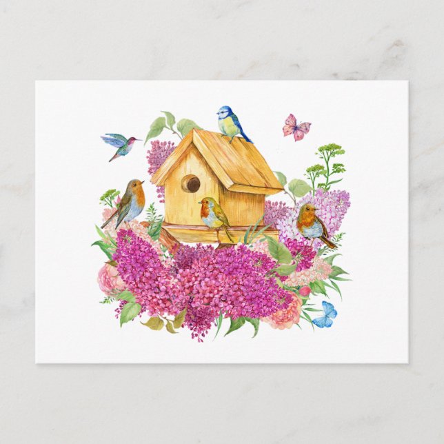 Watercolor Birdhouse, Birds and Lilac Flowers Vykort (Framsida)