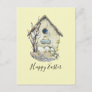 Watercolor Birdhouse Egg Nest Påsk Vykort