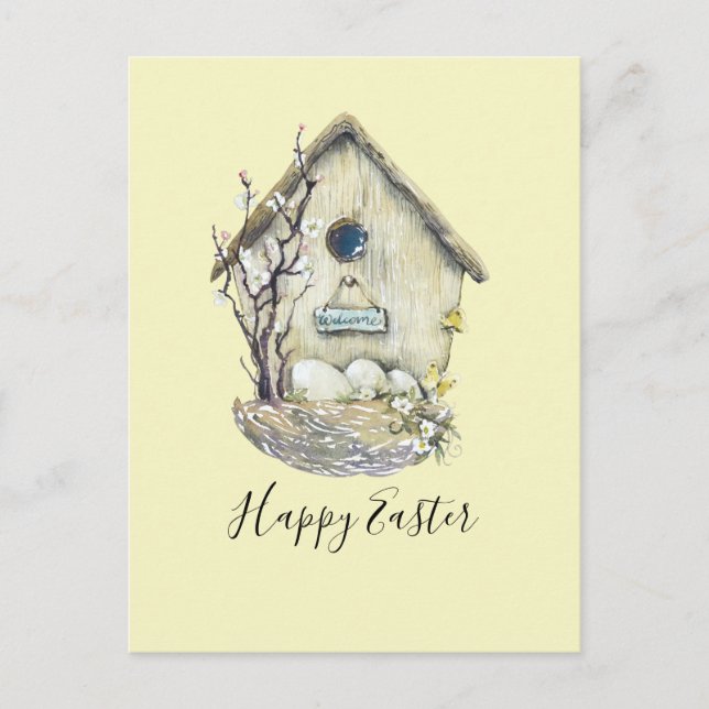 Watercolor Birdhouse Egg Nest Påsk Vykort (Framsida)