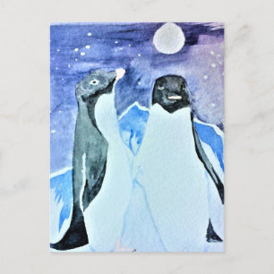 Watercolor Birds Antarctica Cute Penguins Vykort